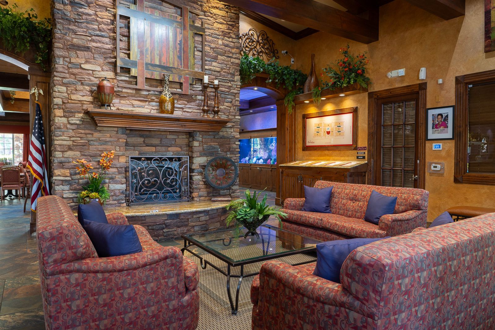 Fireplace lounge in The Willows clubhouse