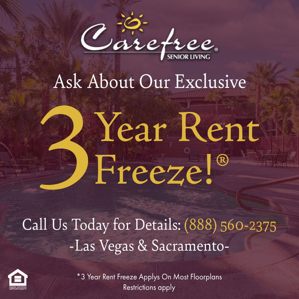 3 Year Rent Freeze promotion at Carefree Senior Living in Las Vegas and Sacramento